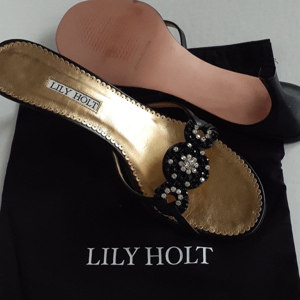 Lily Holt  Black Jewelled 2 inch Heel Slides